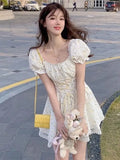 Floral Dress Women Elegant Print Party Mini Dress Female Holiday Lace Designer Chic Puff Sleeve Fashion Dress Summer