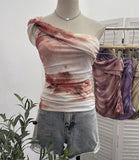 Net Yarn Printed Slanted Shoulder Sling Vest Retro Design Folding Temperament Short Blouse
