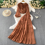 Style Pink Three-Dimensional Flower Collar Lantern Sleeve Shirt Lady Autumn High-Rise Dress
