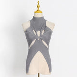 Knitting Cut Out Tank Tops For Women Round Neck Sleeveless Solid Minimalist Vests Female Sexy Clothes Style