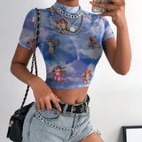 Print Mesh Sexy T Shirt Crop Top High Neck Short Sleeve Graphic Tees Women Streetwear Harajuku Shirts Hot
