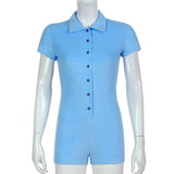 2021 Short Sleeve Bodycon Bodysuit Solid Basic Bodys Mujer Short Jumpsuits Button Up Turn Down Collar Casual