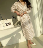 Autumn New Striped Single Breasted Medium Length Shirt Straight Casual Woman