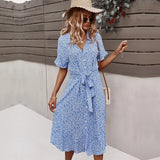 Dress Women Casual Floral Print Holiday Beach Dress V-Neck Midi Dresses Female Summer Short Sleeve Button Loose