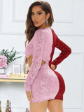 Contrast Color Cut Out Sexy Long Sleeve Sequin Mini Club