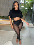 Streetwear Black 2 Two Peice Sets Womens Outfits 2022 Short Sleeve O Neck Crop Top Mesh Pants Suits Black Matching