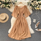 Sweet Solid Women Square Collar Flying Sleeve Ruffle A-line Dresses Summer Boho Chiffon Midi