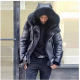 Men's Imitation Leather Plus Thick Fur One Short Zipper Coat Hooded Men's