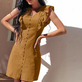 Sleeveless V-neck Solid Women Mini Dress Button Split Ruffles Tunic Ladies Slim Short Dresses 2021 Summer Casual