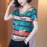 for Women 2023 Printed Short Sleeve Summer New V-neck Striped Fashion Tees Pullover Casual Elegant Tops-Outfit