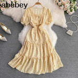 Sexy Square Collar Short Sleeve Women Midi Dress Beach Vacation Party Robe Female Elegant High Waist