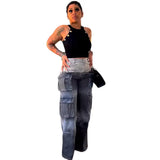 Women's Tie Jeans Women's Fashion High-Waist Multi-Pocket Gradient Wide-Legged
