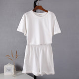 Summer Cotton Sets Women Casual Two Pieces Short Sleeve T Shirts and High Waist Short Pants Solid Outfits