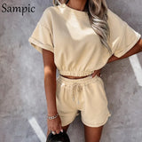 Casual Tracksuit Women Lounge Wear Summer Khaki Shorts Set Short Sleeve Tops And Mini Loose Biker Shorts Two Piece