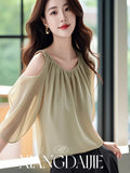 Summer New Ladylike Blouse Shoulder-Digging Design High-End Green Seven-Sleeve New Chinese Shirt Woman-Outfit