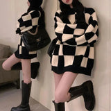 Clothing Plaid Knitted Jumpers Korean Patchwork Loose Autumn Winter Commute Long Sleeve Casual Round Neck Midi