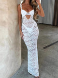 Women Summer V-neck Long Dress Sleeveless Strap Backless Mesh See Through Lace Floral Hollow Out Party Dress 2024 New-Outfit