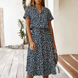 Women Dresses Summer Casual Boho Dot Print Shirt Dress Holiday Beach Short Sleeved Female High Waist Midi