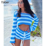 Knit Stripe Crop Top Shorts Suits Women Long Sleeves Top Drawstring Shorts 2 Two Piece Set Sweater 2023 Beach Holiday 425-0-Outfit