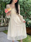 Sweet Fairy Dress Women Lace Printing Midi Dresses Casual Designer Chic Square Collar French Fashion Dresses Spring