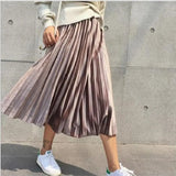 Spring 2020 Women Long Metallic Silver Maxi Pleated Skirt Midi Skirt High Waist Elascity Casual Party Skirt