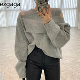 Korean Chic Women Sweater Elegant Hollow Out Off Shoulder Patchwork Loose Knitted Tops Office Lady Fashion Pullover-Outfit