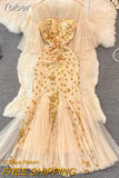 Sequins Glitter Evening Party Dress Women Elegant See Through Mesh Patchwork V-neck Puff Sleeve Embroidery Mermaid