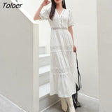 Lace Elegant Women's Dress Spring Hollow Button V Neck Lantern Sleeve White Long Dresses Boho Casual Holiday