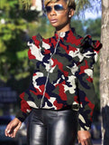 Fashion Camouflage Print Zipper Ruffles Long Sleeve