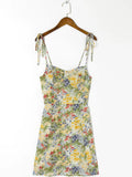 Retro French Yellow Green Floral Grass Print Spaghetti Strap Dress Sexy Women Lacing Up Sling Short Dresses Holiday Robe-Outfit