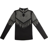 Style Slim Chic Rivet T-shirt Fashion Solid Color Spring Autumn Tassel Women's Clothing Stand Collar Cut Out Pullovers