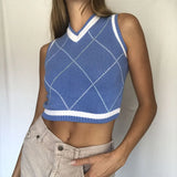 Argyle Plaid Y2k Tank Top Women Fashion Knitted Sweater Undershirt 90S Knitwear Autumn Basic