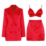 Casual Three Piece Set For Women V Neck Sleeveless Vest Lapel Long Sleeve Blazer Mini Skirts Solid Sets Female