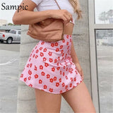 2020 Summer Za Y2K Korean Style Women Casual High Waisted Mini Bodycon Skirts Floral Print Pink Kawaii Sweat