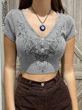 Y2K Summer Tops Floral Print Cute Woman Tshirts Aesthetic Vintage Button Up Ribbed Crop Short Sleeve V Neck Grunge