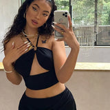Women Sexy Halter Crop Tops Cross Bandage Summer Women Casual Tank Tops Vest Metalic Chain Crop Tops blusas Fashion