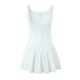 Sexy White Embroidery Lace Low Waist Mini Tank Dress Women Open Buttons Neck Bodycon Sleeveless Ruched Hem Swing Party Robe-Outfit