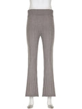 Casual Basic Knitted Flares Pants Autumn Winter Slim Solid Turn-Down Waist Low-Waisted Pants Women Fashion Streetwear-Outfit