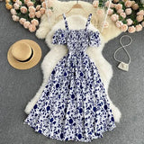 Summer Sexy Slash Neck Spaghetti Strap Midi Dress Women Casual Off Shoulder Short Sleeve Vacation Beach Robe Female
