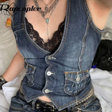 Y2K Pockets Jeans Corset Top Button V Neck Cargo Retro Sweats Tank Tops Women Streetwear Aesthetic Vest Summer 90s