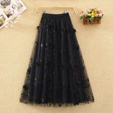 Fashion Appliques Embroidery Mesh Pleated Skirt Office Lady Commute All-match Elastic High Waist Aesthetic Ankle Skirts-Outfit