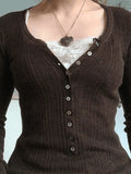 Lace Paneled Button Long Sleeve Knit Top-Outfit
