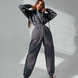 Women Basic Hoodie Jumpsuit Zipper Drawstring Overall High Waist Elasticity Streetwear Tracksuit Rompers Casual One Piece