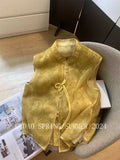 Chinese Style Golden Yellow National Style Sleeveless Vest With Sleeveless Collar Temperament Retro Show Thin Folded Vest-Outfit