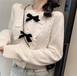 Women Slim White Ruffles Bowknot Cardigan Loose Sweet Japanese Style Knitted