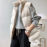 Neck Puffer Cotton Vest Beige Black Autumn Winter Loose Vest Women