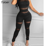 Women Fashion Elegant Casual Sheer Mesh Thick Strap Sleeveless Skinny Jumpsuit Solid Sexy Round Neck