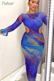 Blue Print Bodycon Dress with Sheer Mesh Sleeves Party Club Cut Out Backless Sexy Long Dresses for Women 2023