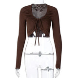 Soild Long Sleeve Lace-up Bandage Crop Top Women Sexy Low Cut Skinny T-shirts Summer Fashion Gothic