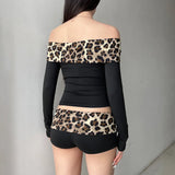Women’s Vintage Casual 2Pieces Y2K Outfits Off Shoulder Leopard Print Patchwork Crop Tops + Sexy Low Waist Shorts Set-Outfit